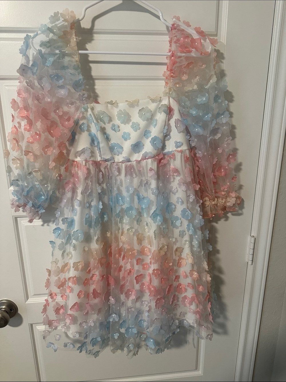 Sheer Floral Appliqué Mini Dress in Pastel Blue Pink Cream by Storia